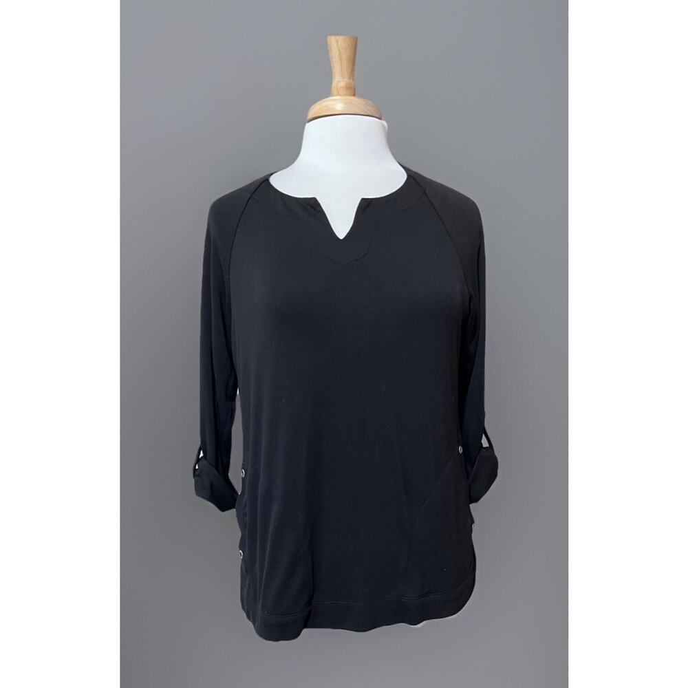 Weekends by Chico's Soft & Stretchy Solid Black Tunic Top with Pockets Size 1 M